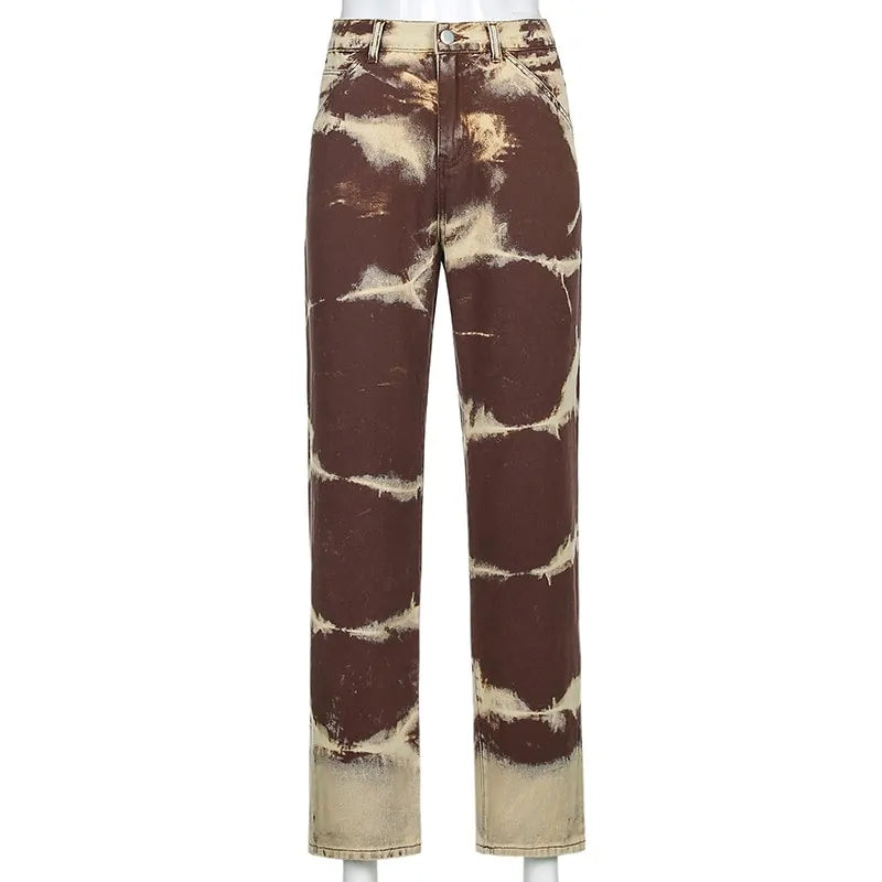 ALLNeon Vintage Tie Dye High Waist Jeans: Y2K Aesthetics Brown Denim Trousers