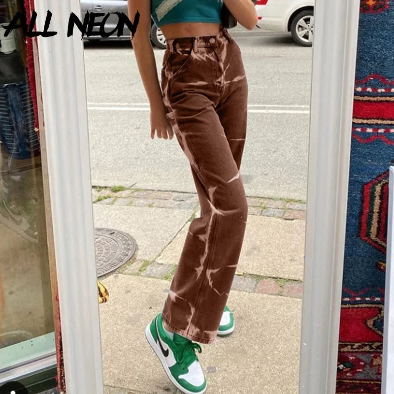 ALLNeon Vintage Tie Dye High Waist Jeans: Y2K Aesthetics Brown Denim Trousers