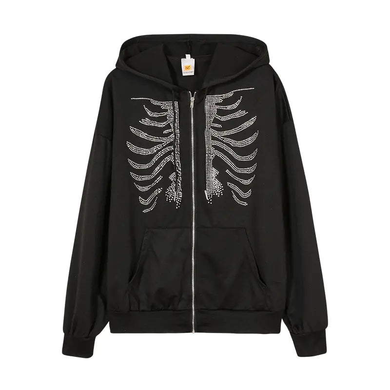 Y2K Rhinestone Skeleton Hoodies Women Gothic Black Zip