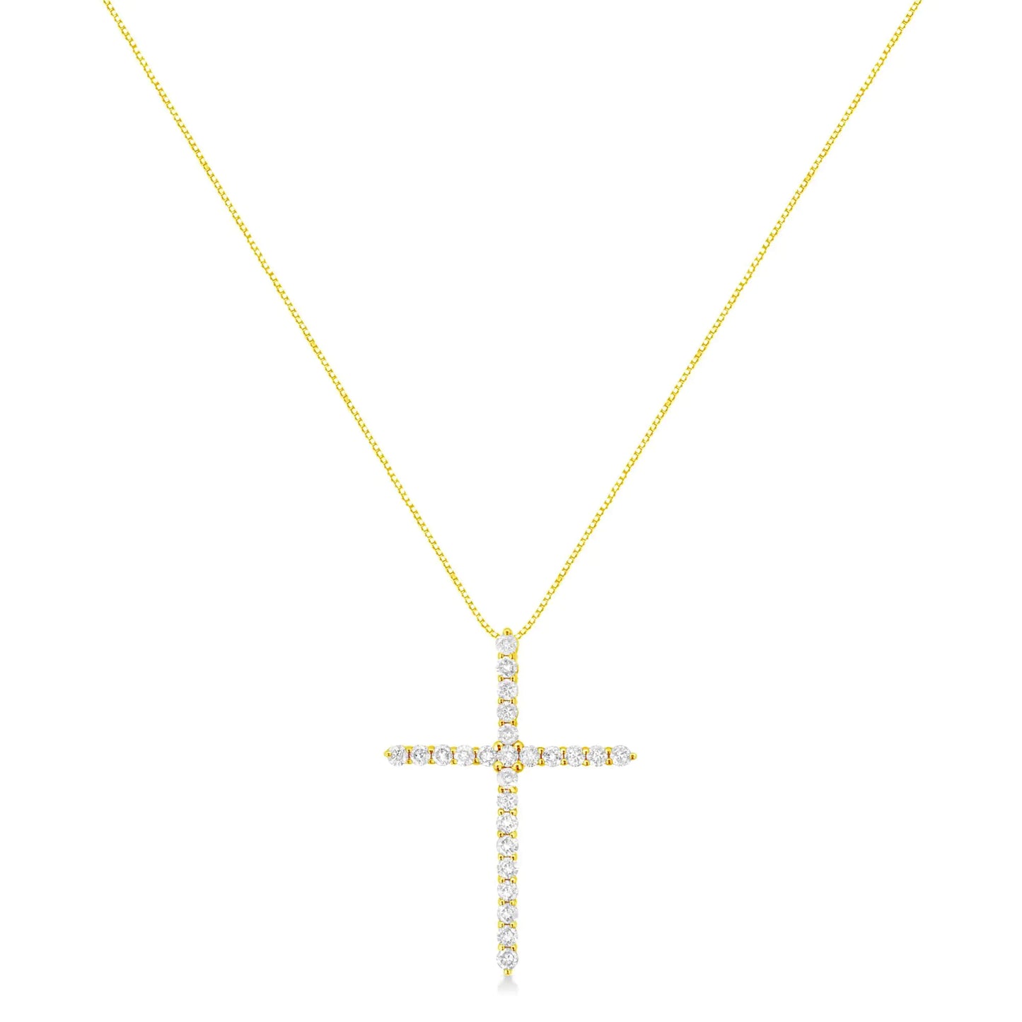 10K Yellow Gold 2.0 Cttw Round Brilliant Cut Diamond Cross Pendant Necklace with Box Chain (J-K Color, I2-I3 Clarity) - 18"