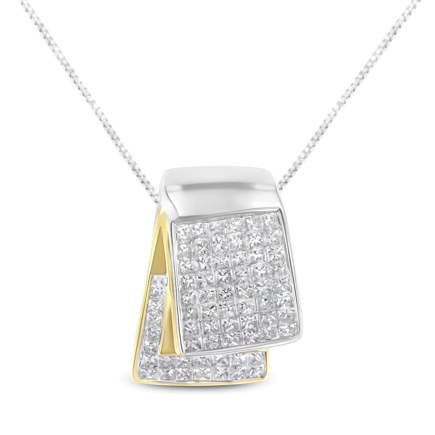 14K White and Yellow Gold 2.0 Cttw Princess Cut Diamond Two Tone Foldover Box Pendant 18” Box Chain Necklace (H-I Color, SI1-SI2 Clarity)