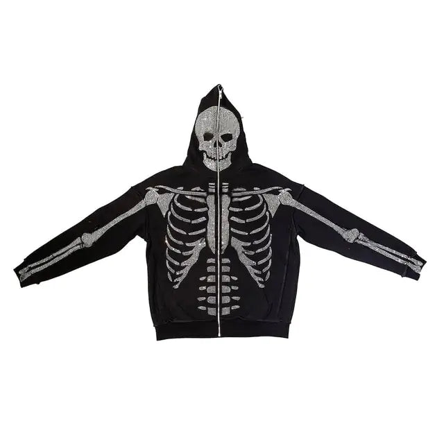 Skeleton Rhinestone Hoodie Full Zip Up Women Cyber Y2K Hooded Sweatshirts