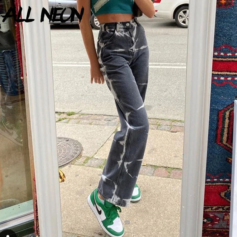 ALLNeon Vintage Tie Dye High Waist Jeans: Y2K Aesthetics Brown Denim Trousers