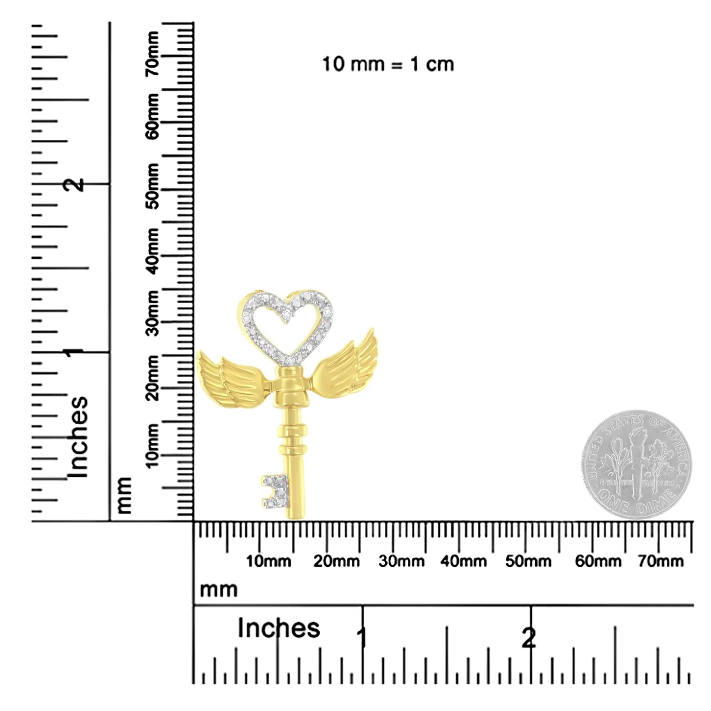 10K Yellow Gold over .925 Sterling Silver Diamond Accented Heart Angel Wing Key to Heaven 18" Rope Chain Pendant Necklace (H-I Color, I2-I3 Clarity)