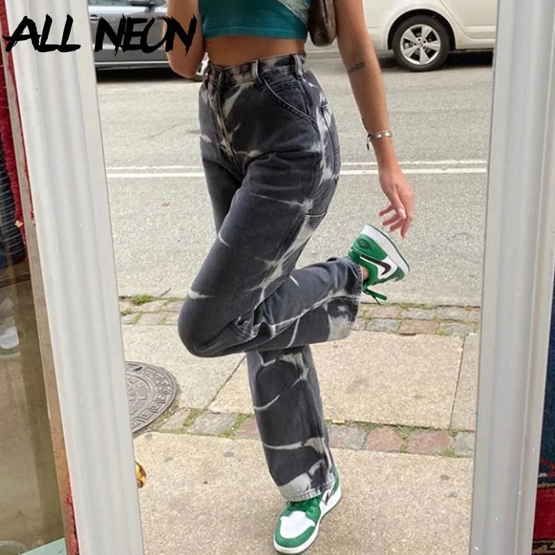 ALLNeon Vintage Tie Dye High Waist Jeans: Y2K Aesthetics Brown Denim Trousers