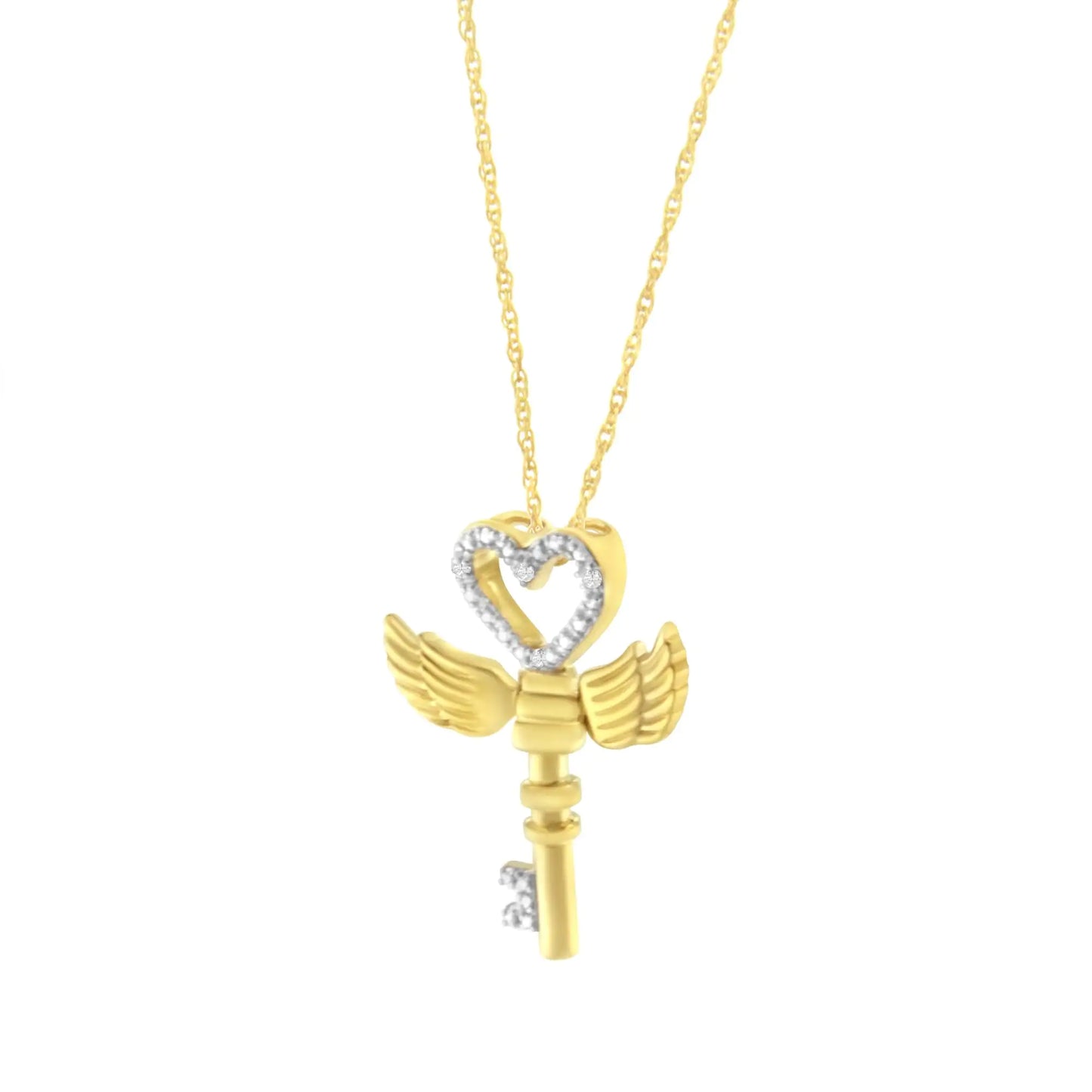 10K Yellow Gold over .925 Sterling Silver Diamond Accented Heart Angel Wing Key to Heaven 18" Rope Chain Pendant Necklace (H-I Color, I2-I3 Clarity)