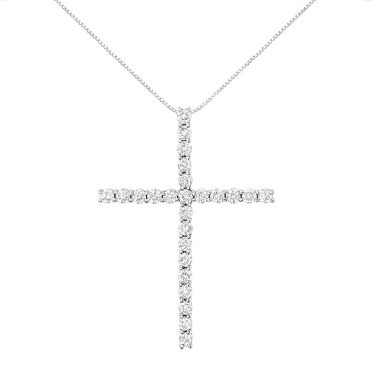 .925 Sterling Silver 3.0 Cttw Round Shape Diamond 1-1/2" Cross Pendant with Box Chain Necklace (J-K Color, I2-I3 Clarity) - 18"