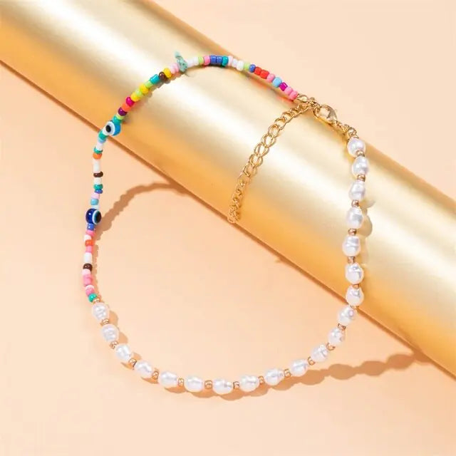 FNIO Y2K Style Colorful Beaded Pearl Short Choker Necklace