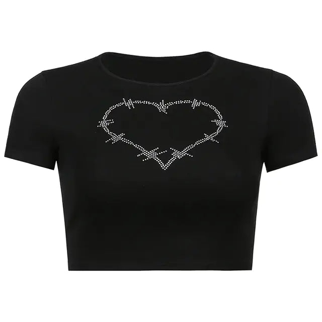 Y2K Rhinestone Heart Print Crop Tank