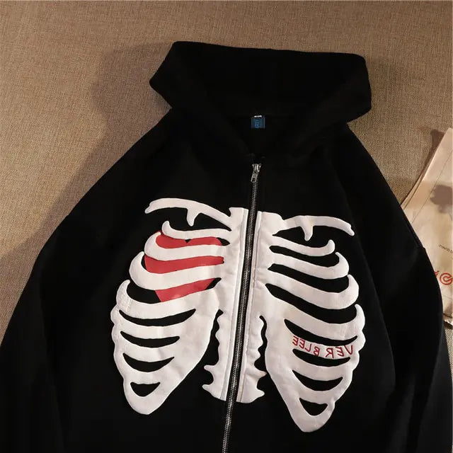 Y2K Rhinestone Skeleton Hoodies Women Gothic Black Zip