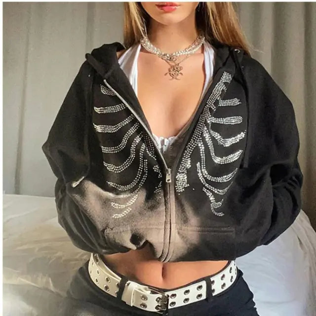 Y2K Rhinestone Skeleton Hoodies Women Gothic Black Zip