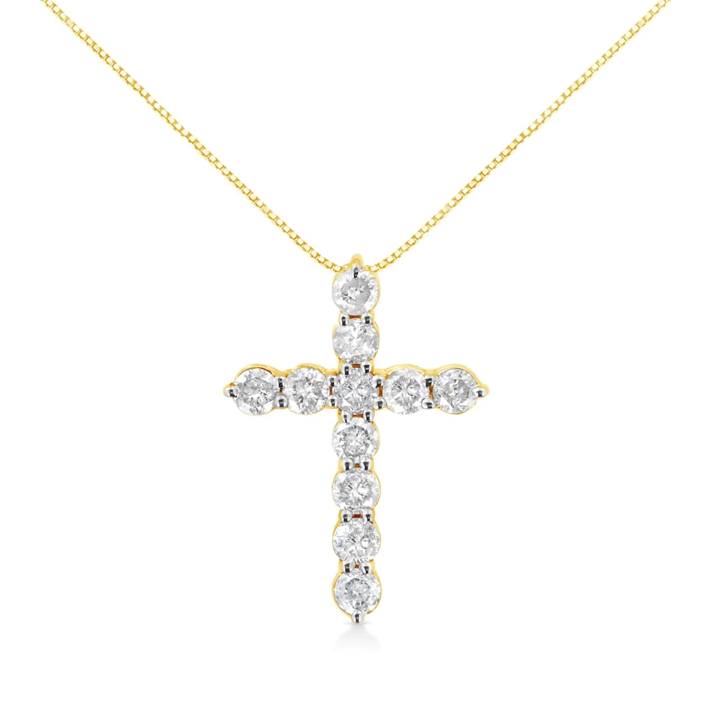 10K Yellow Gold 1.0 Cttw Round Brilliant Cut Diamond Cross Pendant Necklace with Box Chain (J-K Color, I1-I2 Clarity) - 18"