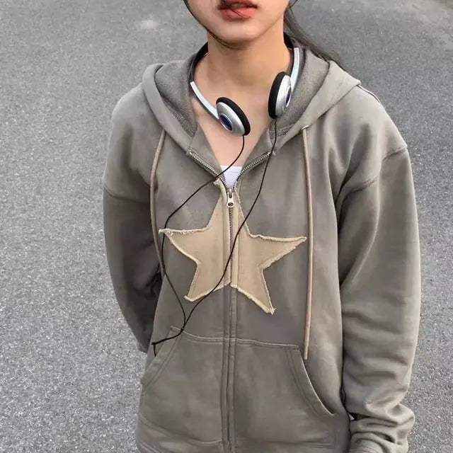 Y2k Zip up Hoodie Star Patch Cotton