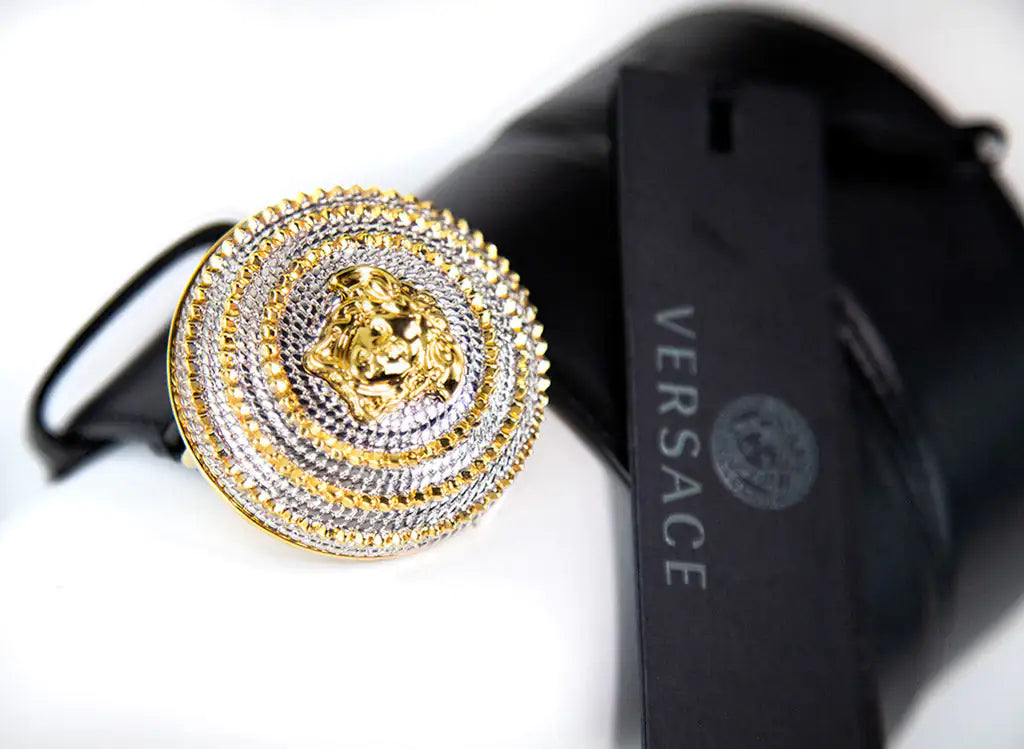 Versace Leather Round Ridged Medusa Emblem Adjustable Belt