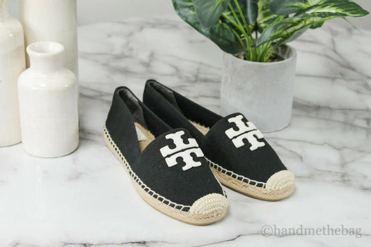 Tory Burch Weston Black White Recycled Canvas Leather Espadrilles