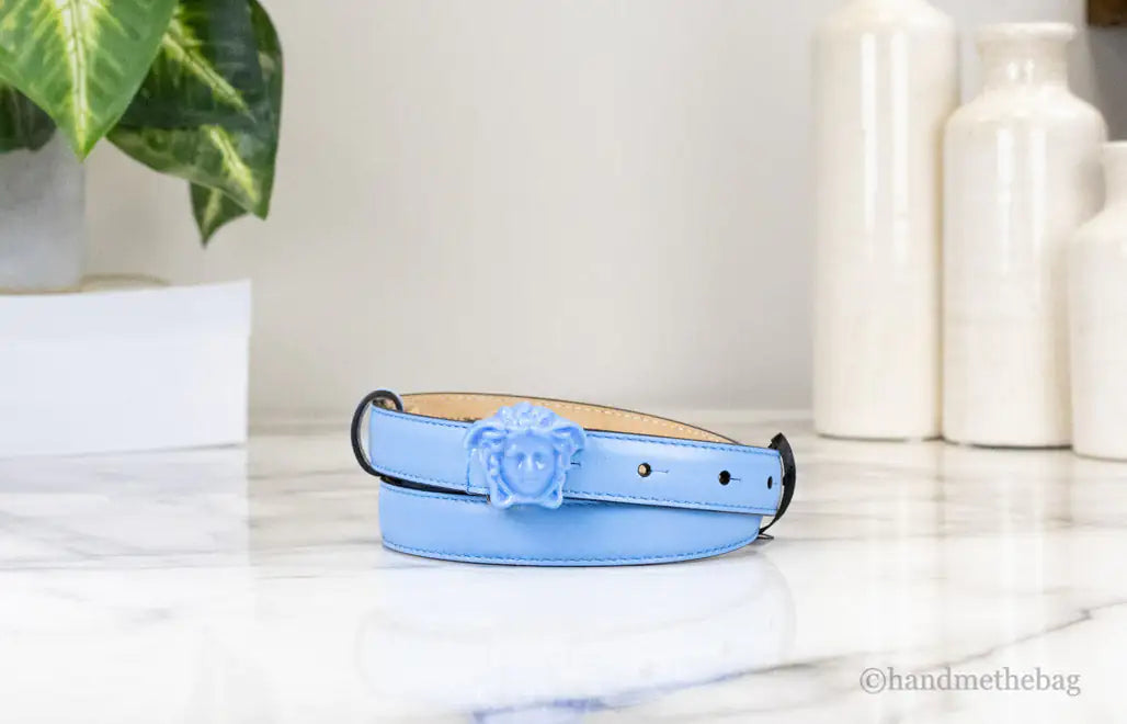 Versace DV Blue Leather Slim 20mm Adjustable Medusa Belt